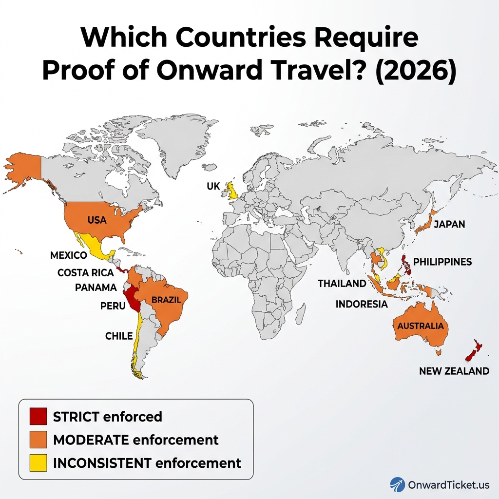 World map infographic showing countries that require proof of onward travel in 2026, color-coded by enforcement level: strict (red), moderate (orange), inconsistent (yellow)