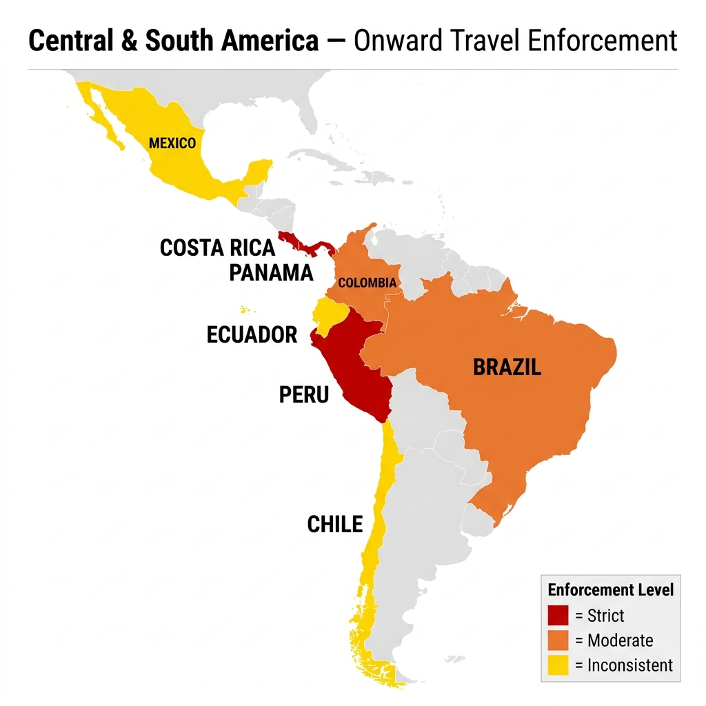 Central and South American countries that require proof of onward travel: Costa Rica, Panama, Peru (strict), Colombia, Brazil (moderate), and others